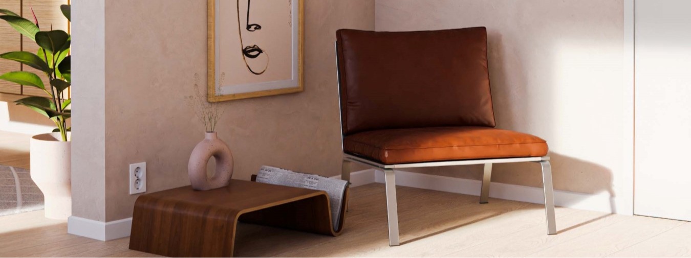 Stue som viser tidløst listverk på gulv, karm og tak