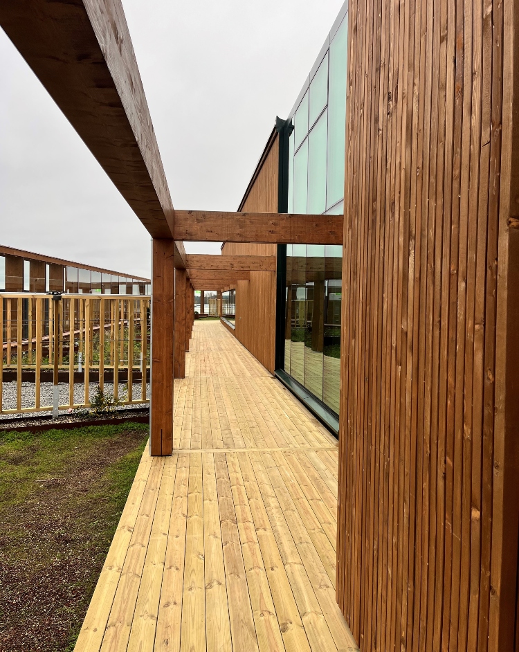 Fasad av brunpigmenterad Kärnfuru