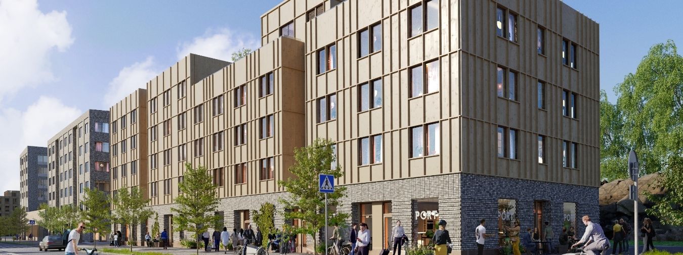 Visualisering av projekt Perrongen, studentbostäder, förskola och idrottshall i Slakthusområdet i Stockholm