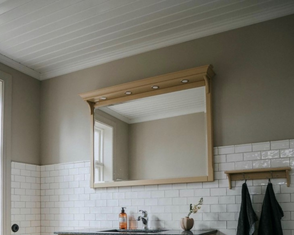 Badrum med träpanelen pärlspont i taket