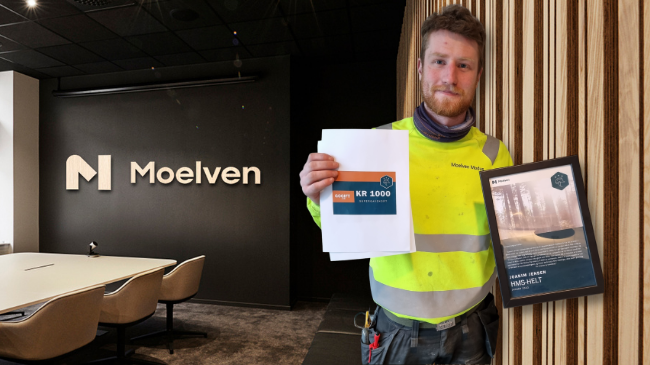 HMS-helten Joakim Jensen i gul genser holder opp diplom og gavekort