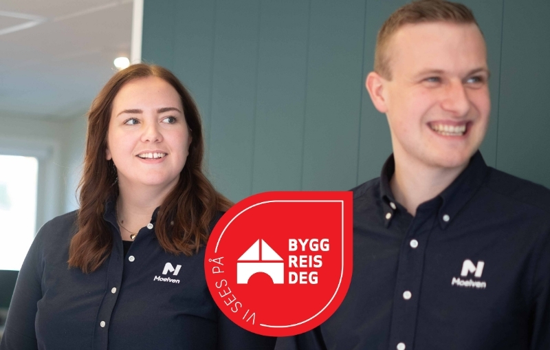 Kvinne og mann med Moelven-skjorter. Bygg Reis Deg-logo.