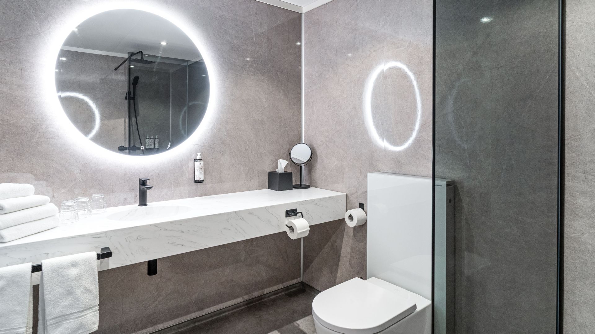 A prefabricated bathroom produced in a building module at Moelven Byggmodul AS.