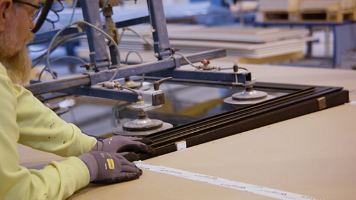 Фабричний працівник і робот встановлюють вікно в стіновий елемент.