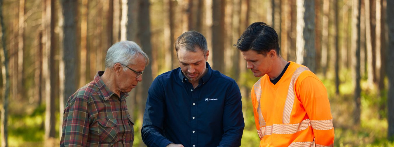 Virkesköpare tillsamans med skogsägare i skogen