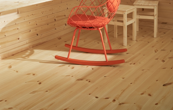 Trä på golv och vägg, två träpallar och en orange gungstol