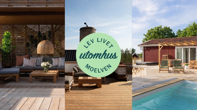 Tre olika altan och uteplatser, med tre olika träslag