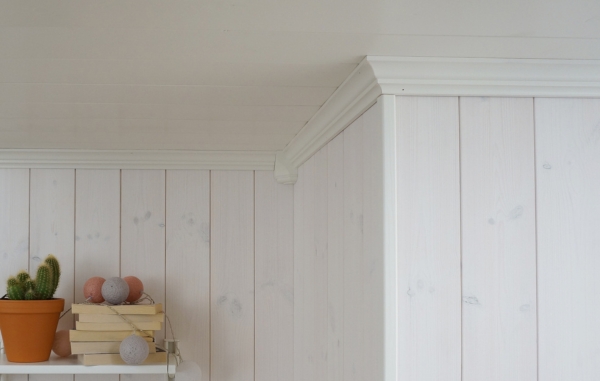 Vita taklister och vit panel, samt en hylla och en kruka med växt