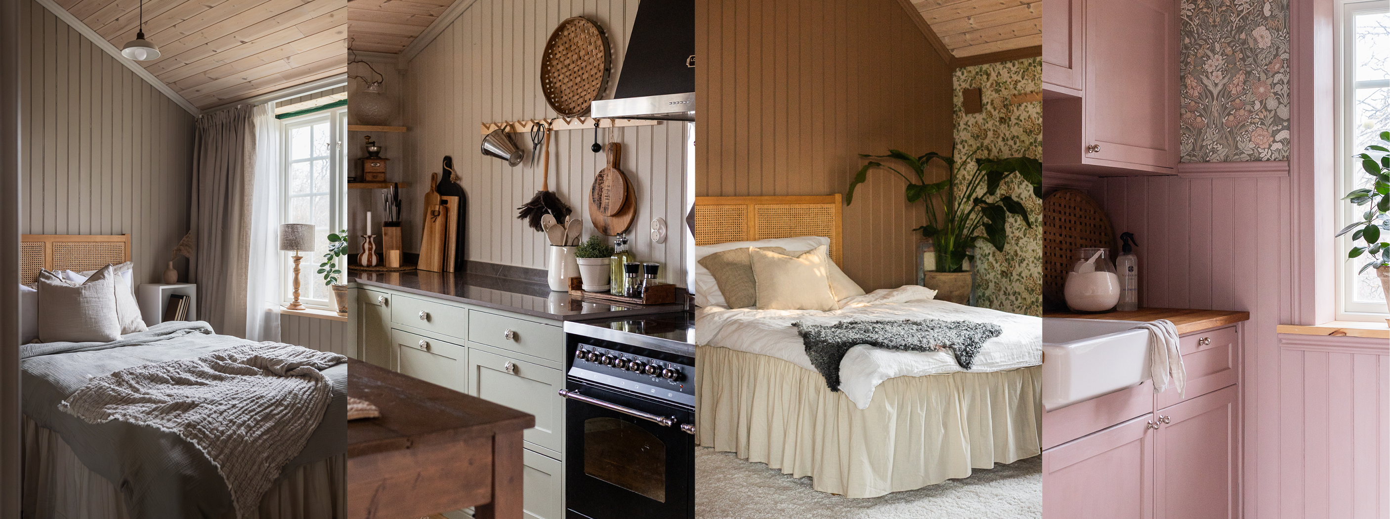 Interiör med flera rum med träpanel på väggar och tak, inklusive sovrum och kök med ljusa färger.