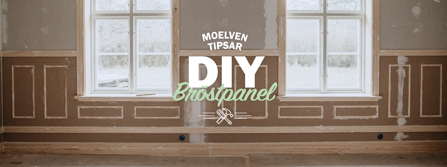 En bröstpanel med speglar under konstruktion, samt texten "Moelven tipsar, DIY Bröstpanel"
