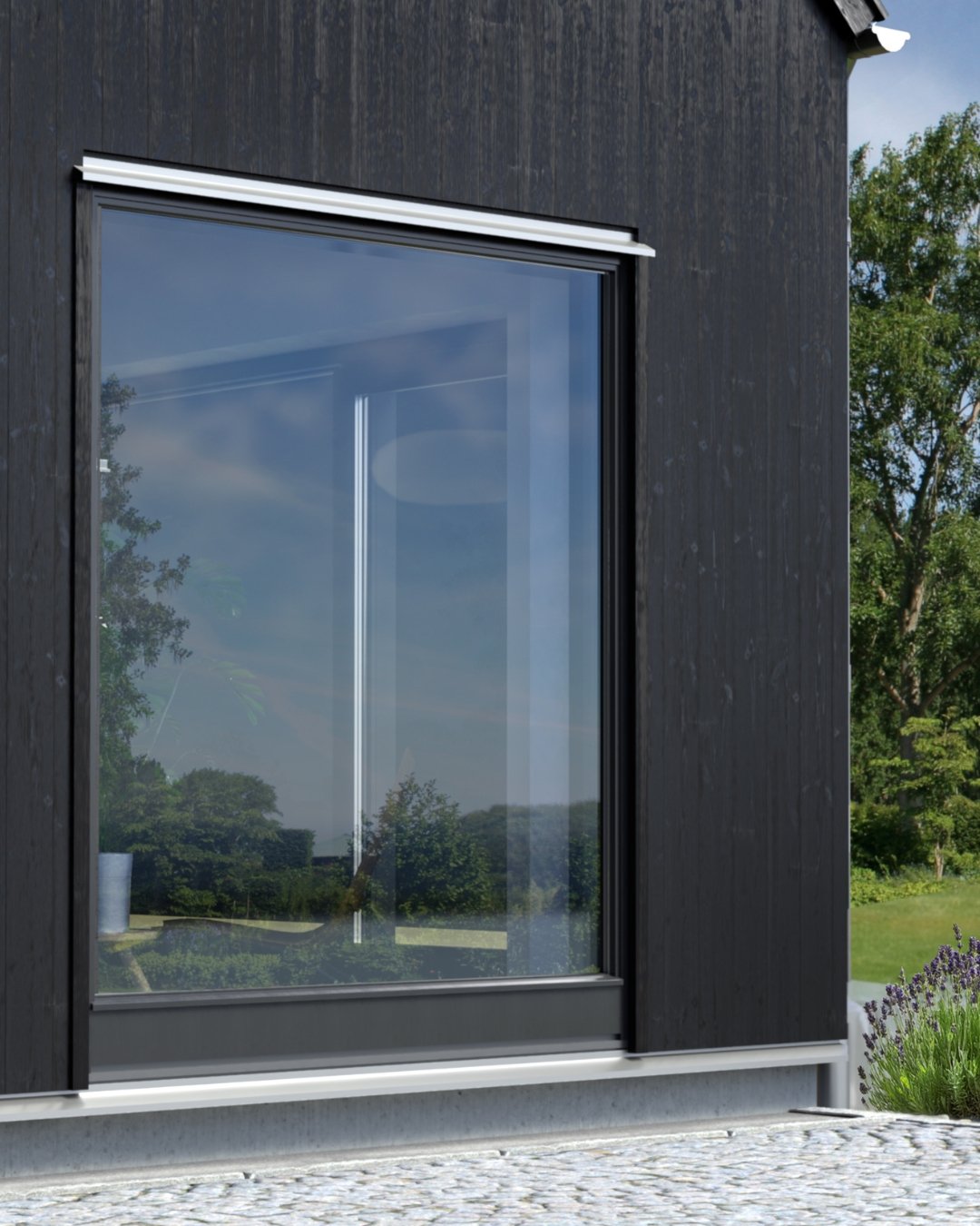 Svart hus med stort fönster