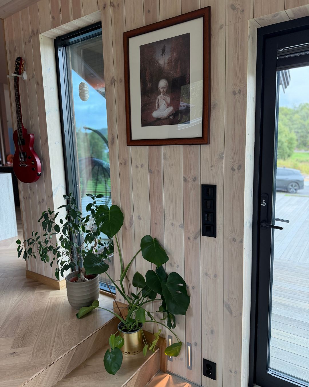 Lyst trepanel Herregårdspanel Oljet Arctic på veggen mellom store vinduer, med grønne planter og en gitar i rommet.