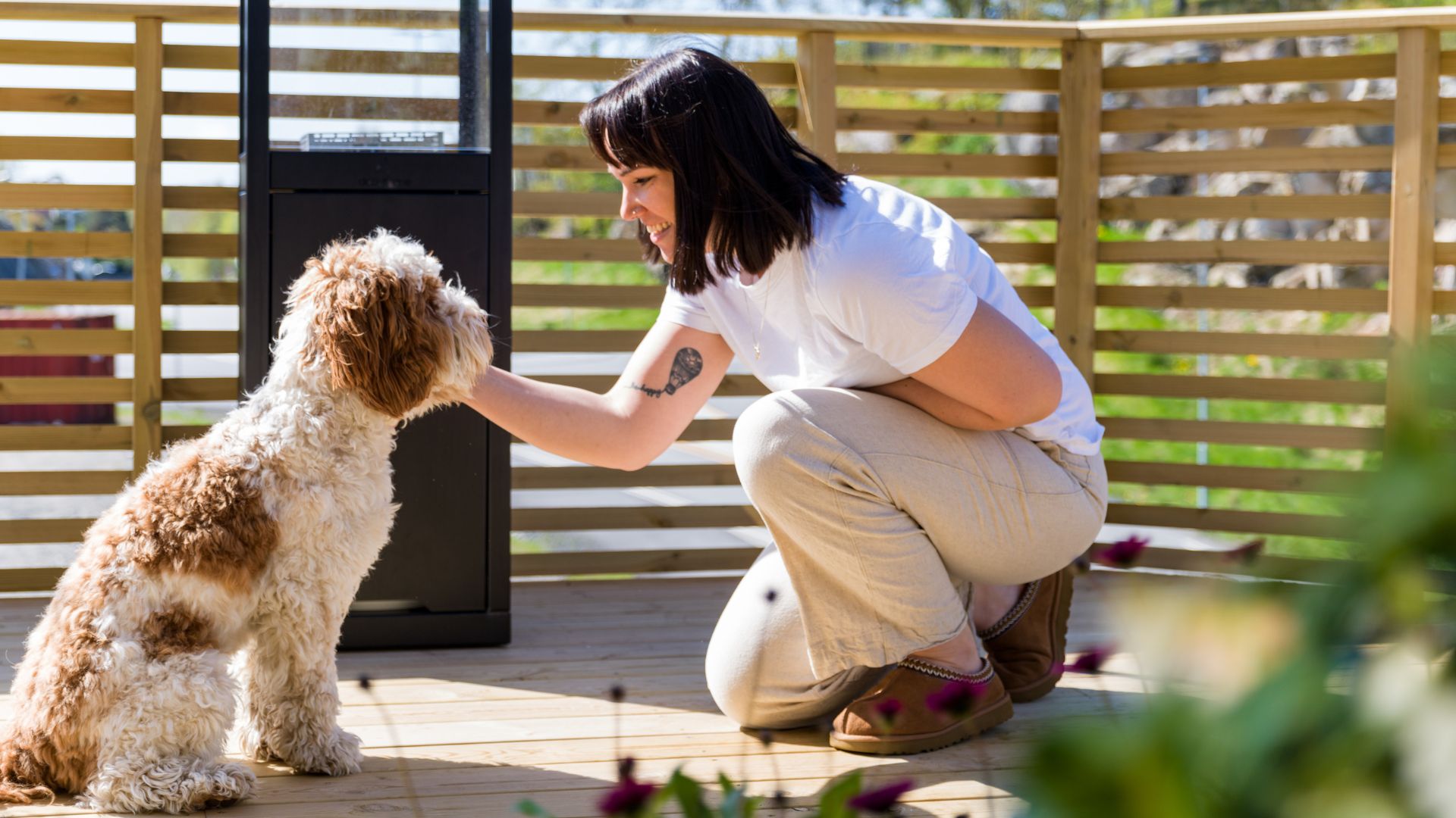 Person sitter på huk på terrasse og klapper en hund, med tredekke og levegg i bakgrunnen.